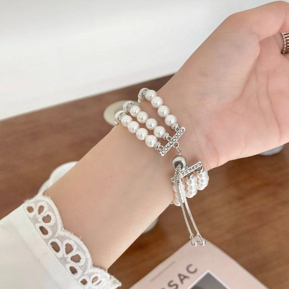 For Apple Watch Series 4 44mm Beaded Pearl Retractable Chain Watch Band(White)
