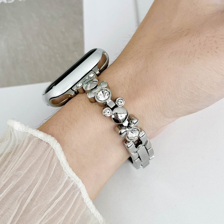 For Apple Watch Series 8 41mm Metal Diamond Bear Chain Watch Band(Silver)