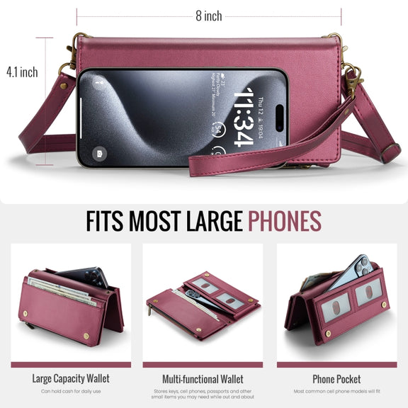 CaseMe ME10 Universal Wallet Phone Case with Lanyard(Wine Red)