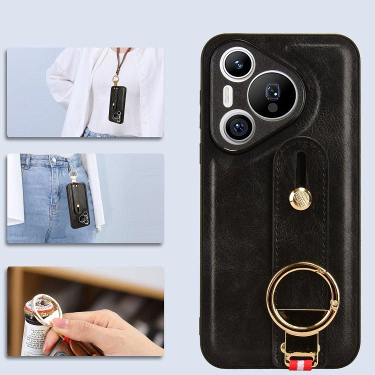 For Huawei Pura 70 5G Wristband Leather Back Phone Case(Black)
