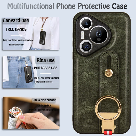 For Huawei Pura 70 5G Wristband Leather Back Phone Case(Green)