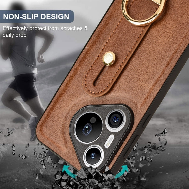 For Huawei Pura 70 5G Wristband Leather Back Phone Case(Brown)