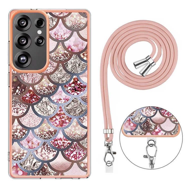For Samsung Galaxy S25 Ultra 5G Electroplating Pattern IMD TPU Shockproof Case with Neck Lanyard(Pink Scales)