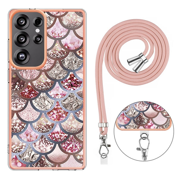 For Samsung Galaxy S25 Ultra 5G Electroplating Pattern IMD TPU Shockproof Case with Neck Lanyard(Pink Scales)
