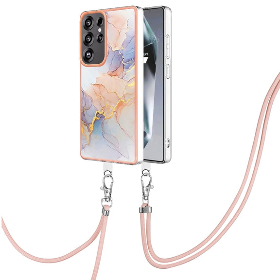 For Samsung Galaxy S25 Ultra 5G Electroplating Pattern IMD TPU Shockproof Case with Neck Lanyard(Milky Way White Marble)