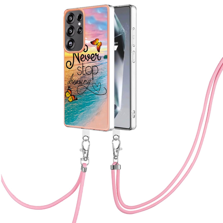 For Samsung Galaxy S25 Ultra 5G Electroplating Pattern IMD TPU Shockproof Case with Neck Lanyard(Dream Chasing Butterfly)