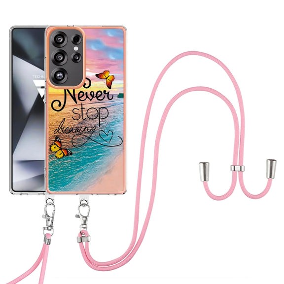For Samsung Galaxy S25 Ultra 5G Electroplating Pattern IMD TPU Shockproof Case with Neck Lanyard(Dream Chasing Butterfly)