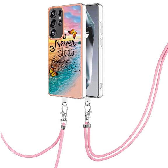 For Samsung Galaxy S25 Ultra 5G Electroplating Pattern IMD TPU Shockproof Case with Neck Lanyard(Dream Chasing Butterfly)