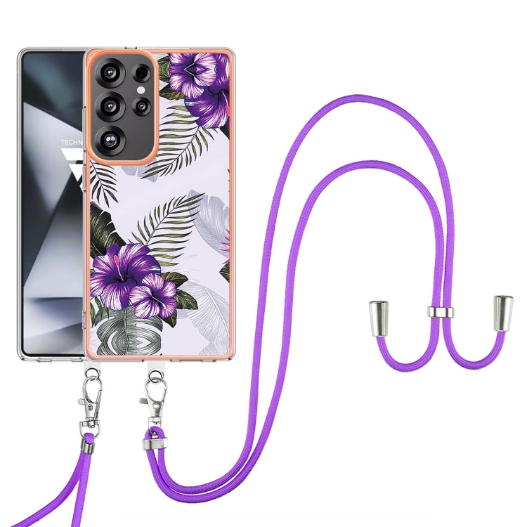 For Samsung Galaxy S25 Ultra 5G Electroplating Pattern IMD TPU Shockproof Case with Neck Lanyard(Purple Flower)