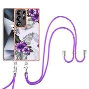 For Samsung Galaxy S25 Ultra 5G Electroplating Pattern IMD TPU Shockproof Case with Neck Lanyard(Purple Flower)