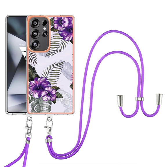 For Samsung Galaxy S25 Ultra 5G Electroplating Pattern IMD TPU Shockproof Case with Neck Lanyard(Purple Flower)