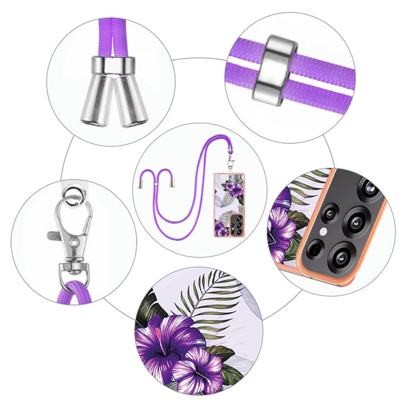 For Samsung Galaxy S25 Ultra 5G Electroplating Pattern IMD TPU Shockproof Case with Neck Lanyard(Purple Flower)