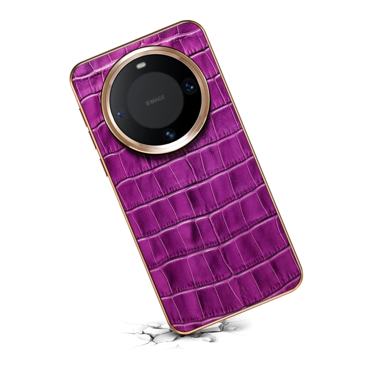 For Huawei Mate 60 Denior Crocodile Texture Genuine Leather Electroplating Phone Case(Purple)