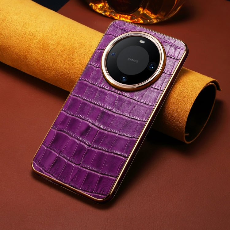 For Huawei Mate 60 Denior Crocodile Texture Genuine Leather Electroplating Phone Case(Purple)
