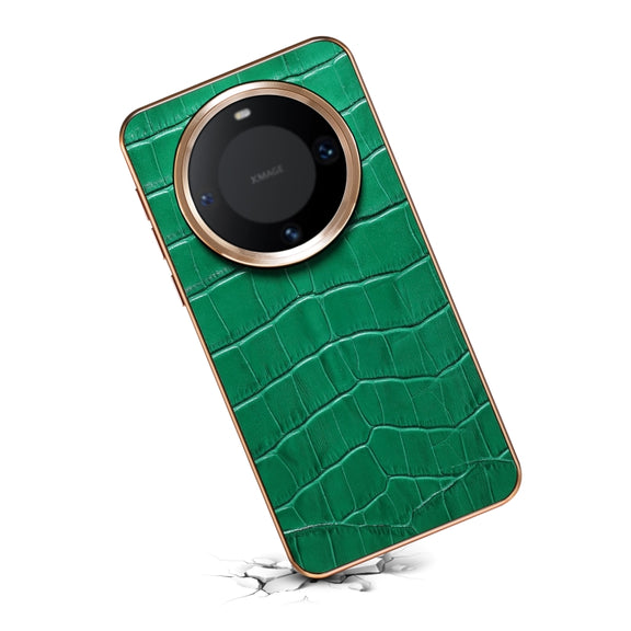 For Huawei Mate 60 Denior Crocodile Texture Genuine Leather Electroplating Phone Case(Green)