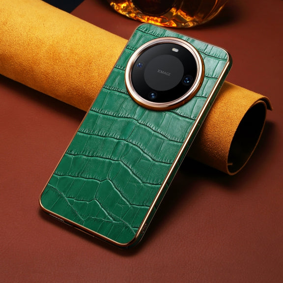 For Huawei Mate 60 Denior Crocodile Texture Genuine Leather Electroplating Phone Case(Green)