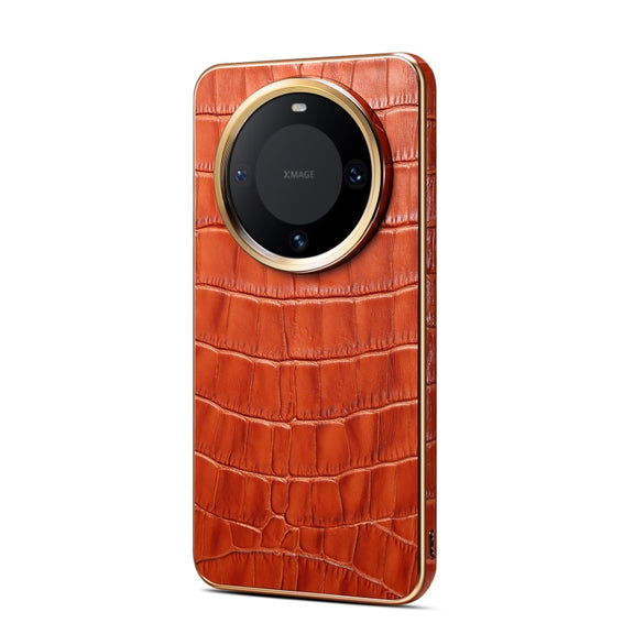 For Huawei Mate 60 Denior Crocodile Texture Genuine Leather Electroplating Phone Case(Mocha Brown)