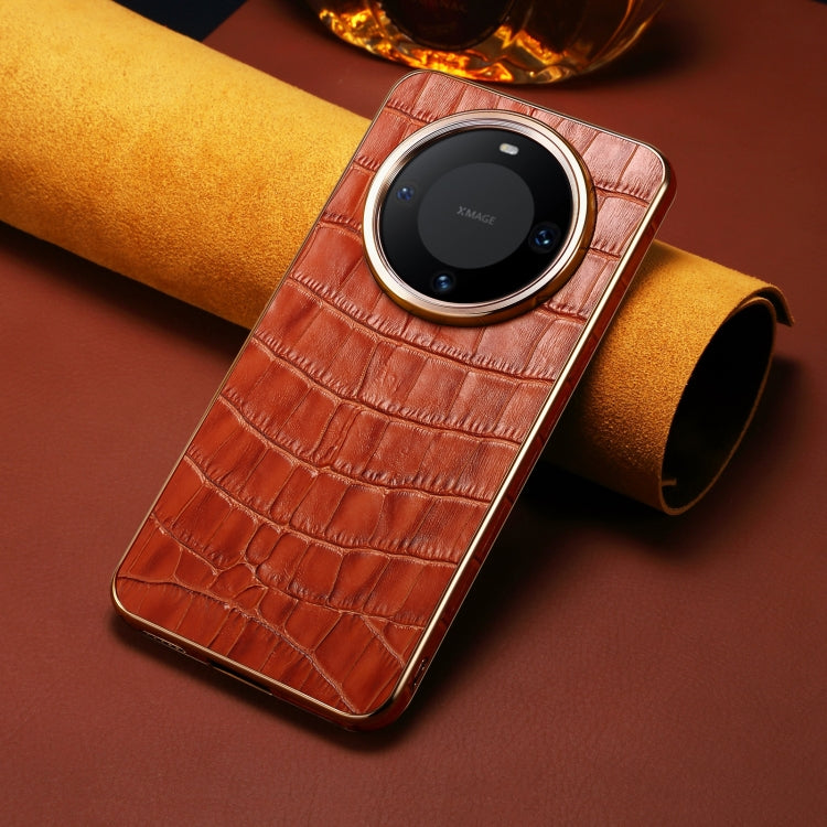 For Huawei Mate 60 Denior Crocodile Texture Genuine Leather Electroplating Phone Case(Mocha Brown)