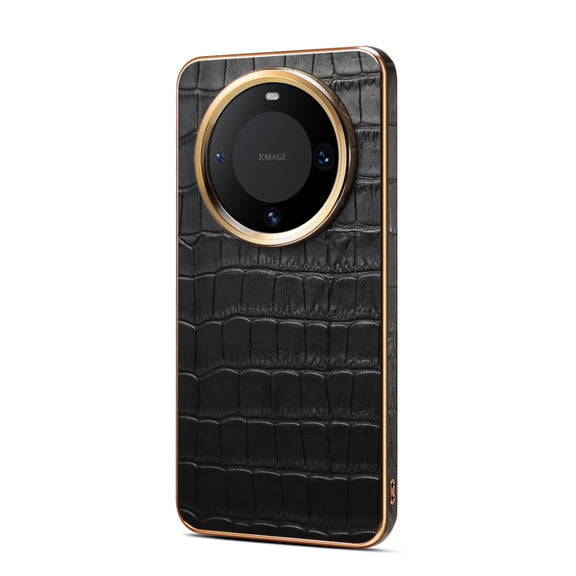 For Huawei Mate 60 Denior Crocodile Texture Genuine Leather Electroplating Phone Case(Black)