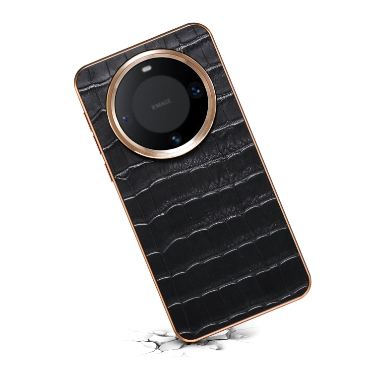 For Huawei Mate 60 Denior Crocodile Texture Genuine Leather Electroplating Phone Case(Black)