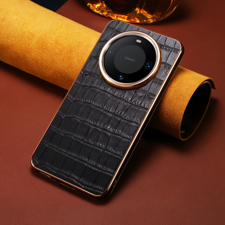 For Huawei Mate 60 Denior Crocodile Texture Genuine Leather Electroplating Phone Case(Black)