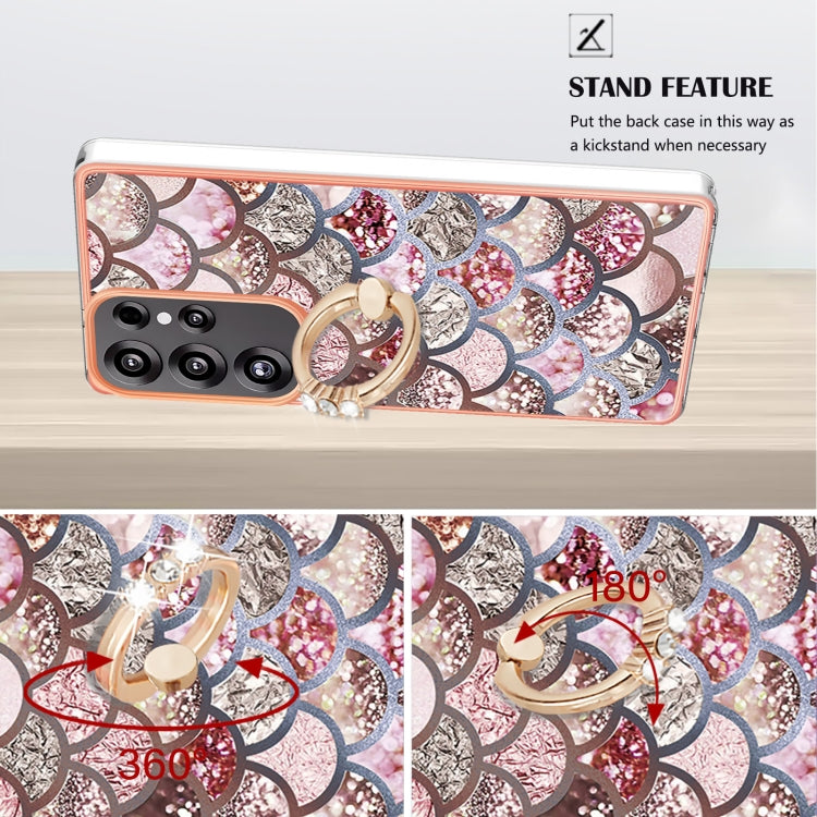 For Samsung Galaxy S25 Ultra 5G Electroplating Pattern IMD TPU Shockproof Case with Rhinestone Ring Holder(Pink Scales)