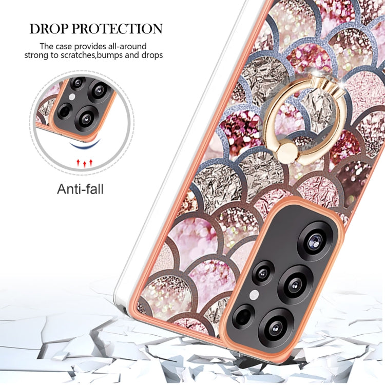For Samsung Galaxy S25 Ultra 5G Electroplating Pattern IMD TPU Shockproof Case with Rhinestone Ring Holder(Pink Scales)
