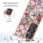 For Samsung Galaxy S25 Ultra 5G Electroplating Pattern IMD TPU Shockproof Case with Rhinestone Ring Holder(Pink Scales)