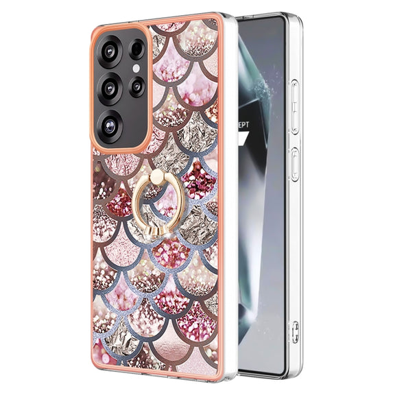 For Samsung Galaxy S25 Ultra 5G Electroplating Pattern IMD TPU Shockproof Case with Rhinestone Ring Holder(Pink Scales)