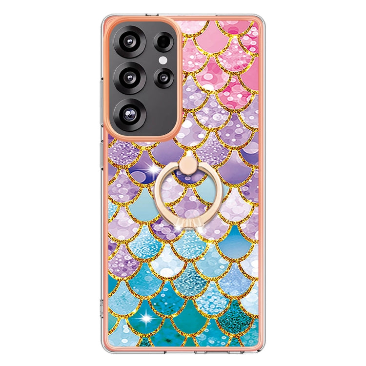 For Samsung Galaxy S25 Ultra 5G Electroplating Pattern IMD TPU Shockproof Case with Rhinestone Ring Holder(Colorful Scales)
