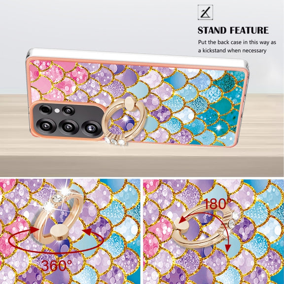 For Samsung Galaxy S25 Ultra 5G Electroplating Pattern IMD TPU Shockproof Case with Rhinestone Ring Holder(Colorful Scales)
