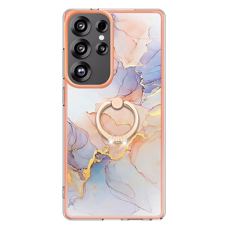 For Samsung Galaxy S25 Ultra 5G Electroplating Pattern IMD TPU Shockproof Case with Rhinestone Ring Holder(Milky Way White Marble)