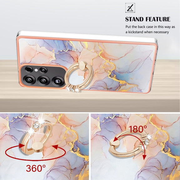 For Samsung Galaxy S25 Ultra 5G Electroplating Pattern IMD TPU Shockproof Case with Rhinestone Ring Holder(Milky Way White Marble)