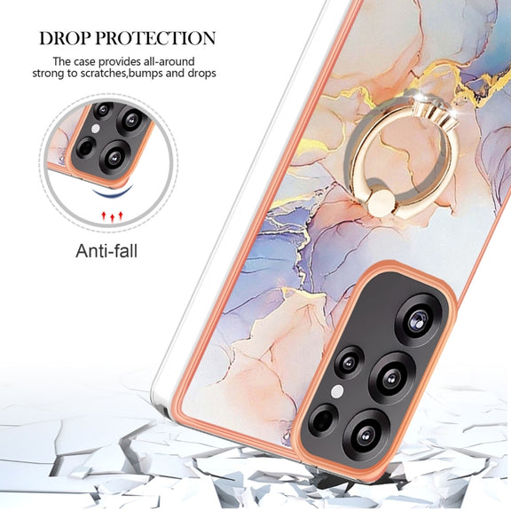 For Samsung Galaxy S25 Ultra 5G Electroplating Pattern IMD TPU Shockproof Case with Rhinestone Ring Holder(Milky Way White Marble)