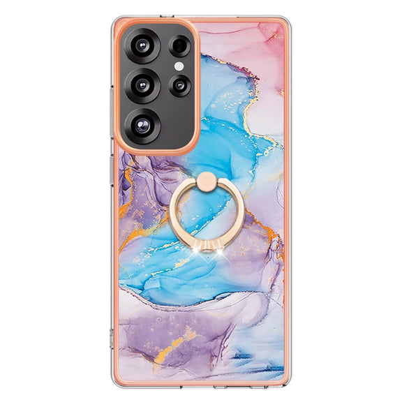 For Samsung Galaxy S25 Ultra 5G Electroplating Pattern IMD TPU Shockproof Case with Rhinestone Ring Holder(Milky Way Blue Marble)
