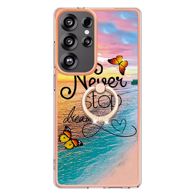 For Samsung Galaxy S25 Ultra 5G Electroplating Pattern IMD TPU Shockproof Case with Rhinestone Ring Holder(Dream Chasing Butterfly)