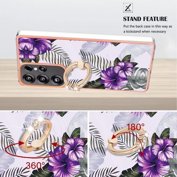 For Samsung Galaxy S25 Ultra 5G Electroplating Pattern IMD TPU Shockproof Case with Rhinestone Ring Holder(Purple Flower)