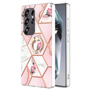 For Samsung Galaxy S25 Ultra 5G Electroplating Splicing Marble Flower Pattern TPU Shockproof Case with Rhinestone Ring Holder(Pink Flower)