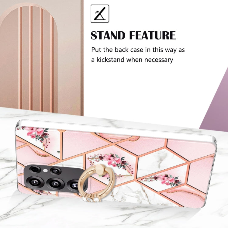 For Samsung Galaxy S25 Ultra 5G Electroplating Splicing Marble Flower Pattern TPU Shockproof Case with Rhinestone Ring Holder(Pink Flower)