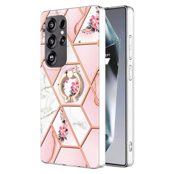 For Samsung Galaxy S25 Ultra 5G Electroplating Splicing Marble Flower Pattern TPU Shockproof Case with Rhinestone Ring Holder(Pink Flower)