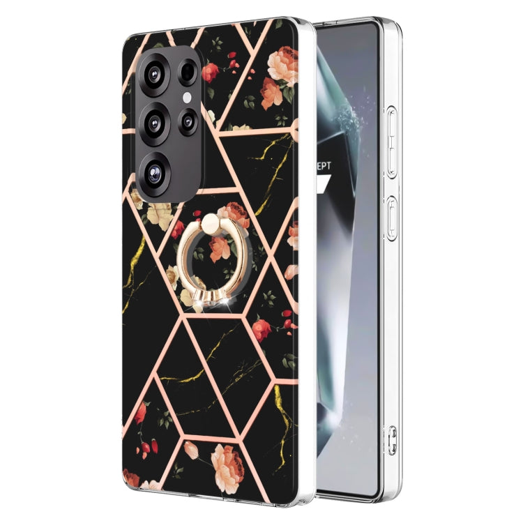 For Samsung Galaxy S25 Ultra 5G Electroplating Splicing Marble Flower Pattern TPU Shockproof Case with Rhinestone Ring Holder(Black Flower)