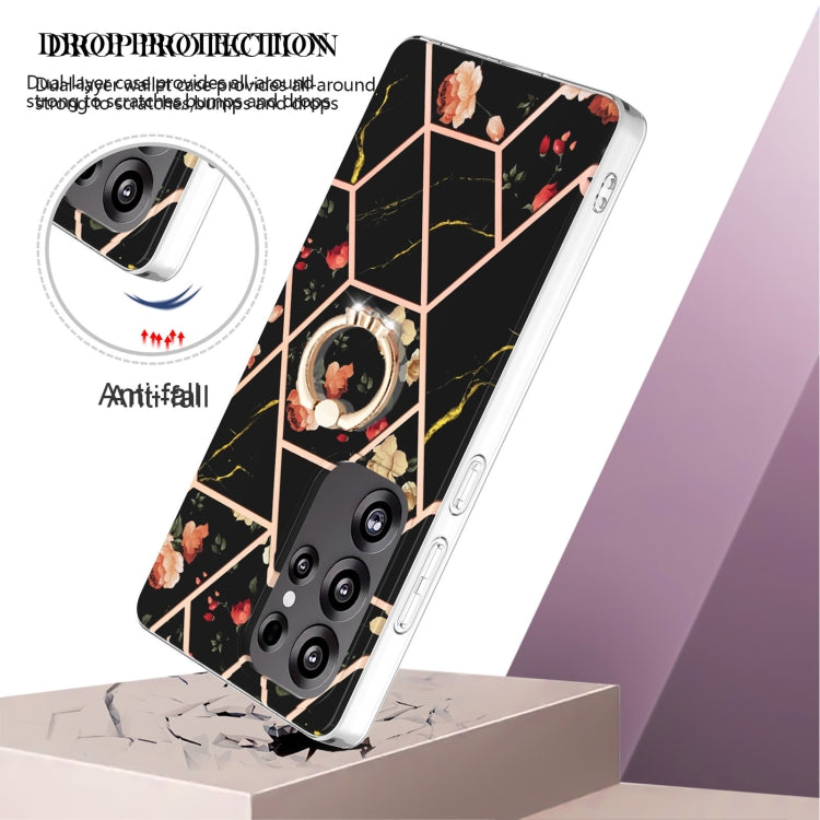 For Samsung Galaxy S25 Ultra 5G Electroplating Splicing Marble Flower Pattern TPU Shockproof Case with Rhinestone Ring Holder(Black Flower)