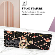 For Samsung Galaxy S25 Ultra 5G Electroplating Splicing Marble Flower Pattern TPU Shockproof Case with Rhinestone Ring Holder(Black Flower)