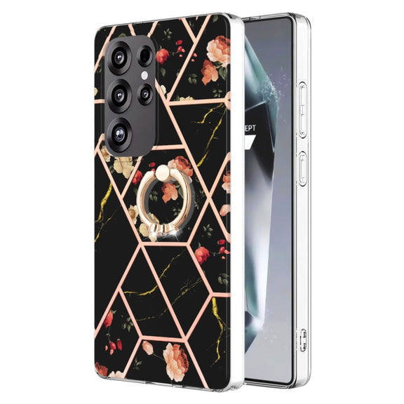 For Samsung Galaxy S25 Ultra 5G Electroplating Splicing Marble Flower Pattern TPU Shockproof Case with Rhinestone Ring Holder(Black Flower)