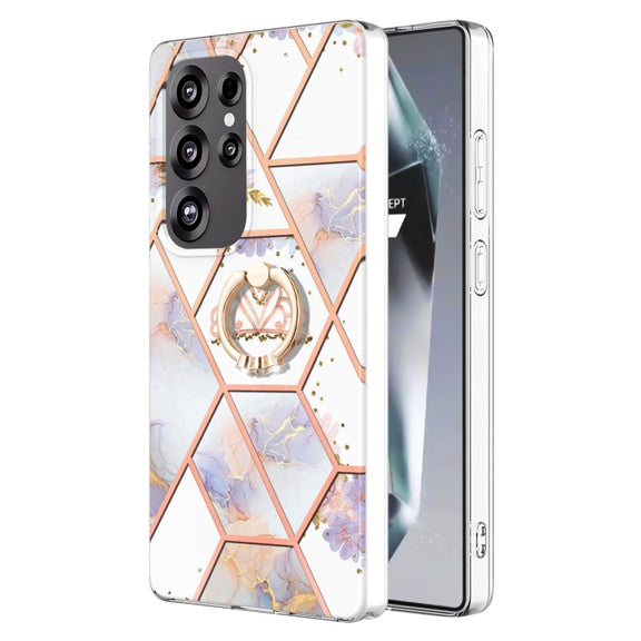 For Samsung Galaxy S25 Ultra 5G Electroplating Splicing Marble Flower Pattern TPU Shockproof Case with Rhinestone Ring Holder(Imperial Crown)