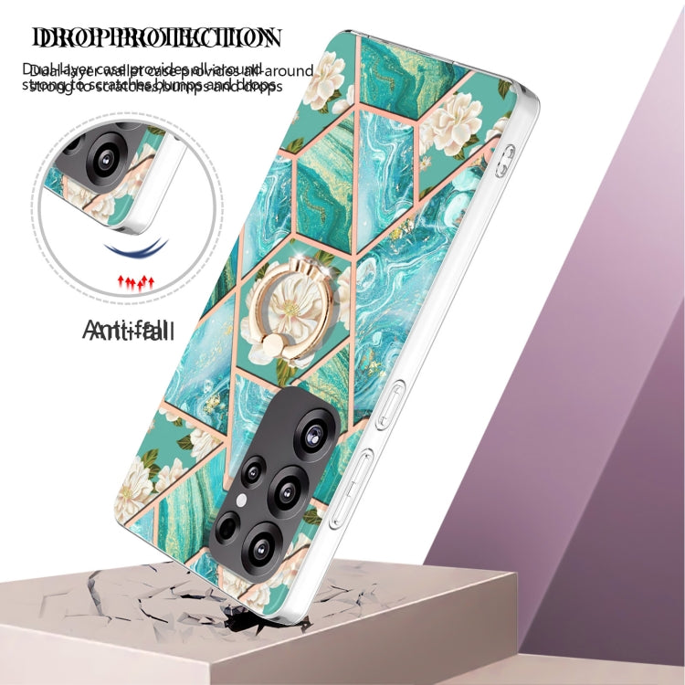 For Samsung Galaxy S25 Ultra 5G Electroplating Splicing Marble Flower Pattern TPU Shockproof Case with Rhinestone Ring Holder(Blue Flower)