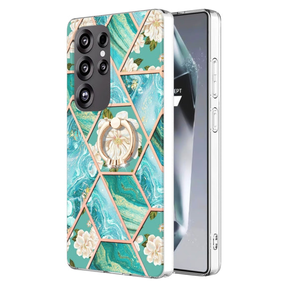 For Samsung Galaxy S25 Ultra 5G Electroplating Splicing Marble Flower Pattern TPU Shockproof Case with Rhinestone Ring Holder(Blue Flower)