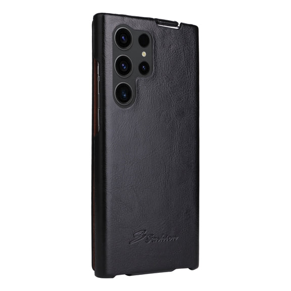 For Samsung Galaxy S24 Ultra 5G Fierre Shann 64 Texture Vertical Flip PU Leather Phone Case(Black)