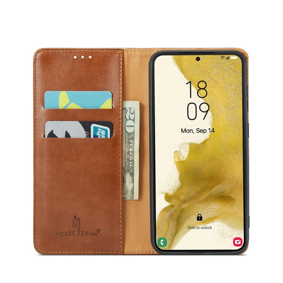 For Samsung Galaxy S24 5G Fierre Shann PU Genuine Leather Texture Phone Case(Brown)