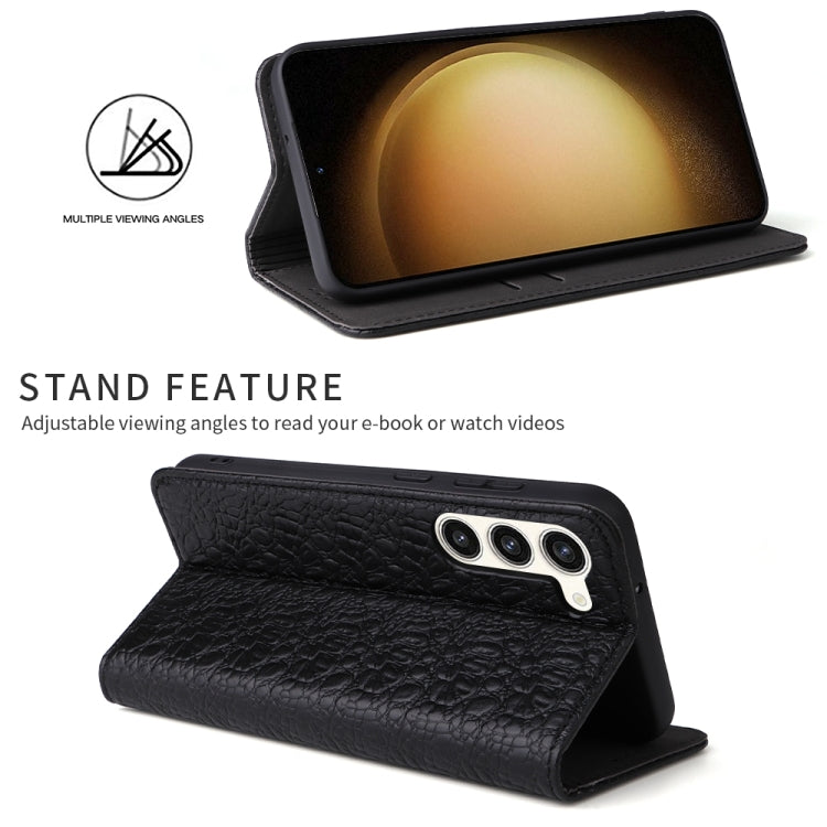 For Samsung Galaxy S24 5G Fierre Shann Crocodile Texture Magnetic Genuine Leather Phone Case(Black)